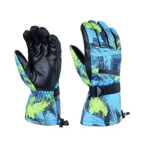 Blue And Lime Green Graphic Print Ski Snowboard Gloves