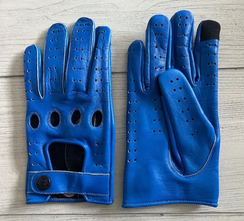 Blue Cutout Perforated Leather Driving Gloves